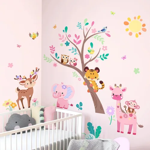 Vista 5 de Supzone Calcomanías de pared de árbol de animales de la selva, elefante rosa, jirafa, calcomanías de pared para niños y niñas, dormitorio, sala