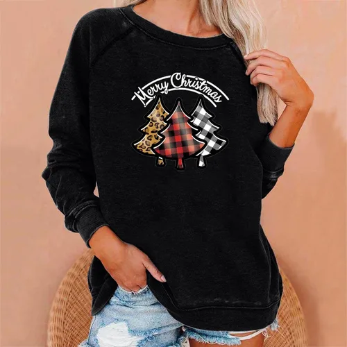 Vista 5 de Disfraces de Navidad para mujer, cuello redondo, camiseta de manga larga raglán, camisetas con estampado de árbol de Navidad