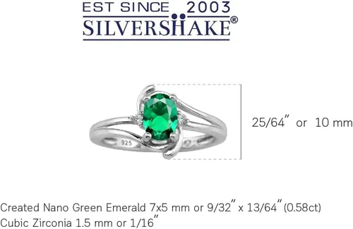 Vista 3 de Silvershake Anillo de compromiso de plata de ley 925 con forma ovalada de 0.276 x 0.197 in Circonita verde esmeralda y blanca creadas