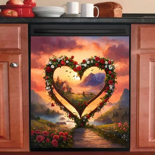 Vista 2 de Calcomanía magnética de vinilo para lavavajillas, diseño de paisaje de montaña, corona de flores, corazón, para decoración festiva de cocina, 23