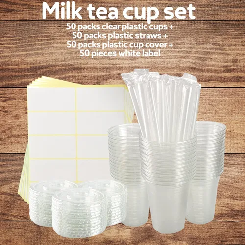 Vista 3 de Juego de 50 vasos de plástico transparente con tapas planas, vasos desechables de café helado de 16 onzas con pajitas y calcomanías, vasos