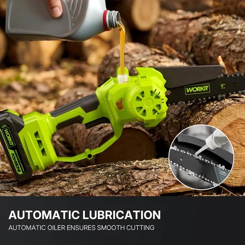 Vista 6 de WORKIT Mini motosierra inalámbrica, motosierra eléctrica de 8 pulgadas con 2 baterías, motosierra de mano con engrasador automático, tensión sin