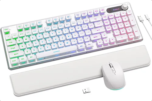 Vista 11 de Combo de teclado y mouse inalámbricos, 9 efectos retroiluminados, reposamuñecas, teclas de doble disparo, panel de metal, recargable de larga