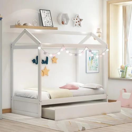 Vista 13 de Merax House Bed Twin Size Wood Bed Frame with Roof and Fence for Girls, Boys, Weight Capacity No Limit (Espresso)