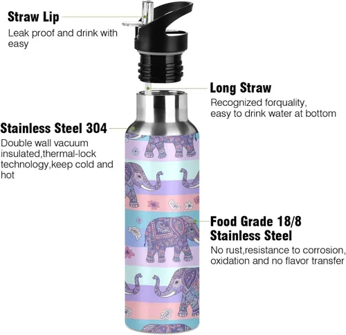 Vista 3 de Elephants Insulated Stainless Steel Water Bottle with Straw 20 Oz Leakproof Water Bottles, BPA-Free Sports Water Bottle with Straw