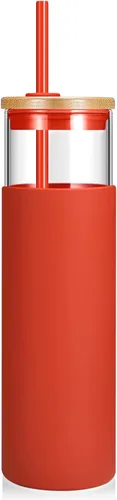 Vista 10 de Tronco Vaso de vidrio de 28 onzas con tapas y pajilla, taza reutilizable para café helado y vaso para batidos con tapa de bambú, funda de silicona