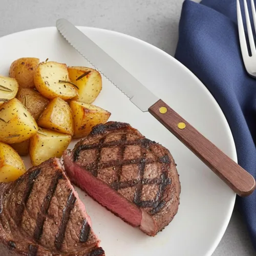 Vista 2 de TrueCraftware - Cuchillo de carne de punta redonda de acero inoxidable de 4 pulgadas con mango de madera, juego de 12 cuchillos de carne dentados