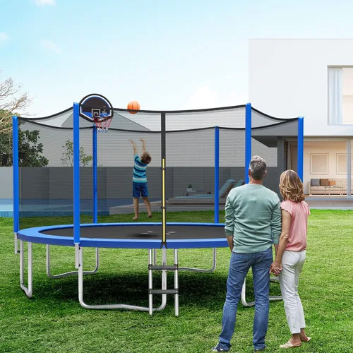 Vista 8 de GYMAX Trampolín para niños, aprobado por ASTM de 12 pies, 14 pies, 15 pies, 16 pies, trampolín recreativo para niños pequeños con red de cierre, aro