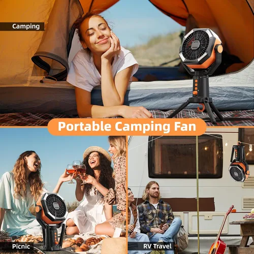 Vista 6 de MORIKO Trípode de ventiladores de mesa, 20000 mAh, recargable, funciona con pilas, ventilador portátil para tienda de campaña con linterna LED