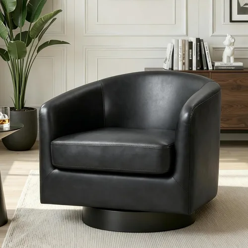 Vista 3 de Silla Giratoria de Acento de Cuero Sintético con Base de Madera, Sillas de Barril Tapizadas Modernas para Sala de Estar, Cómodo Sillón Redondo Sofá