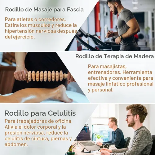 Vista 5 de Rodillo de masaje de madera para dar forma al cuerpo, rodillo de terapia de madera con 9 rodillos giratorios, herramienta de masaje anticelulítica