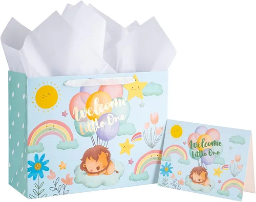 Vista 15 de Loveinside Bolsa de regalo para bebé niño con papel de seda y tarjeta de felicitación para baby shower, nuevos padres y más, diseño animal azul, 16