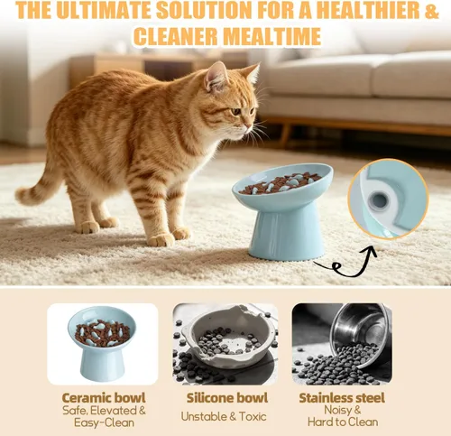 Vista 5 de Cuenco elevado de cerámica para gatos – Cuenco elevado de comida para gatos de 6 pulgadas para aliviar la hinchazón y antivómitos, comedero lento