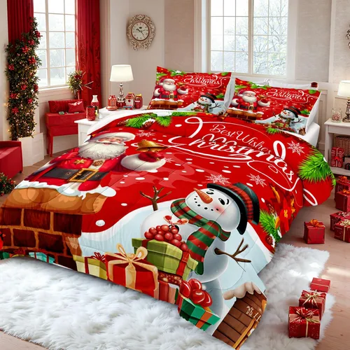 Vista 7 de Juego de edredón navideño de 4 piezas Papá Noel con copo de nieve blanco y rojo, juego de edredón con impresión de Navidad, festival de Navidad
