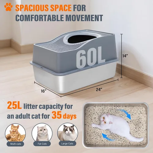 Vista 4 de Caja de arena para gatos de entrada superior con tapa, caja de arena cerrada de acero inoxidable para gatos, caja de arena de metal grande con carga