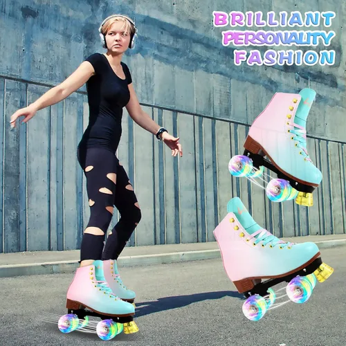 Vista 7 de LIKU Patines de cuatro ruedas para niñas y mujeres con todas las ruedas iluminadas, patines de cordones iluminados para interiores y exteriores
