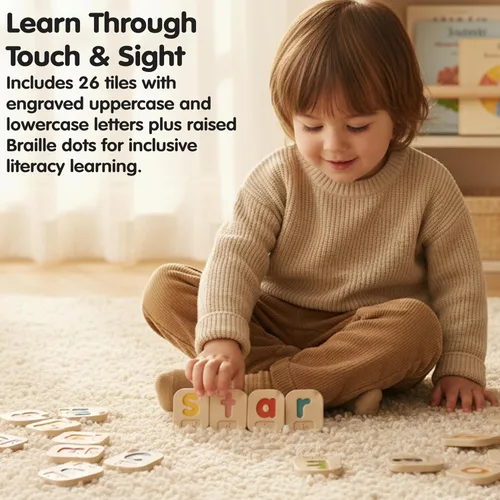 Vista 5 de PlanToys Braille Alphabet A-Z Braille-Reading Alphabet Learning Toys - 26 azulejos de madera trazables fabricados de forma sostenible con letras