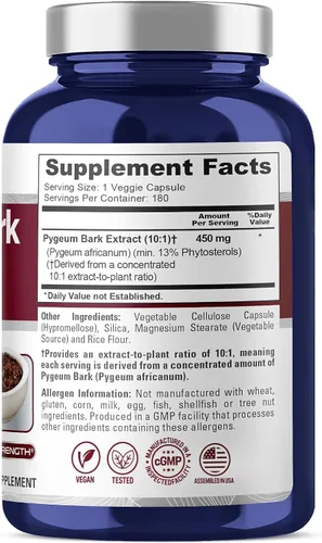 Vista 2 de NusaPure - Corteza de Pygeum, vegano, 450 mg, 180 cápsulas vegetales - 180 porciones Botanical 10:1 Pygeum africanum, 13% Phytosterols, Suitable for