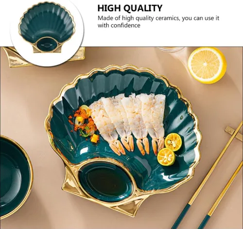 Vista 8 de DOITOOL Plato de bola de masa en forma de concha con compartimento para salsa, elegante plato de cerámica para sushi para albóndigas, aperitivos