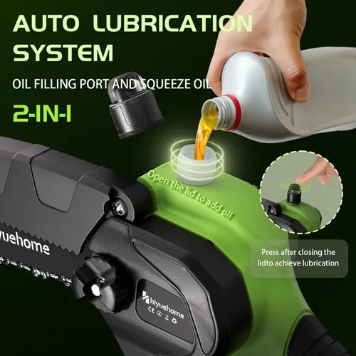 Vista 4 de Mini motosierra de 6 pulgadas, motosierra inalámbrica con engrasador automático, sierra de cadena eléctrica de mano con bloqueo de seguridad, motor