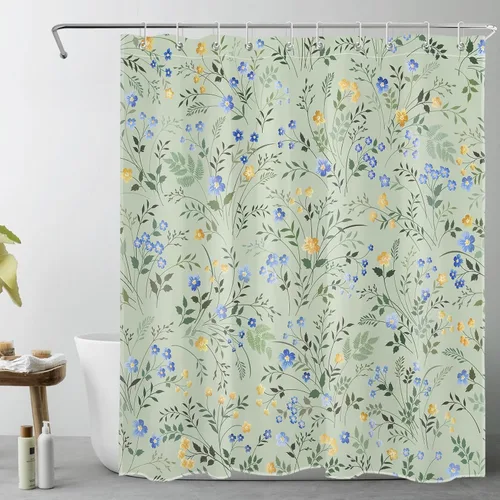Vista 10 de LB Cortina de Ducha Decorativa de Flores Silvestres del Campo, Flores Azules y Amarillas con Planta de Hojas Verdes sobre Beige, Cortina de Ducha
