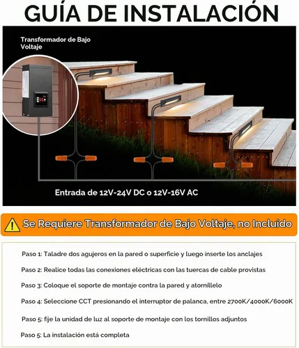 Vista 3 de CLOUDY BAY [Paquete de 12] Luces LED de Escalón de 3 Colores de Bajo Voltaje 12-24V para Exteriores, Luz de Contrahuella de Escalera de Paisajismo