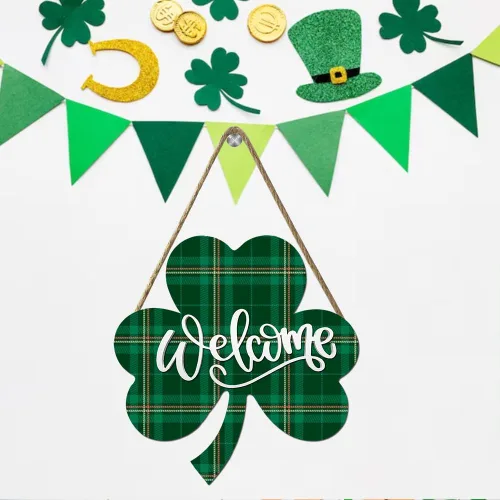 Vista 5 de Letrero de bienvenida de trébol de la suerte para puerta delantera, decoración de San Patricio, trébol irlandés, decoración del día de San Patricio