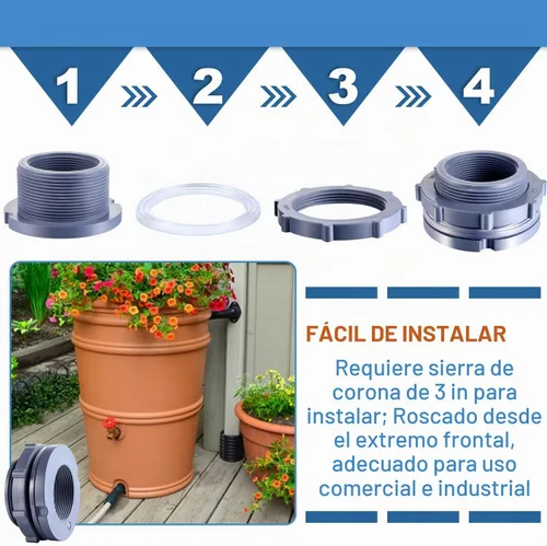 Vista 4 de Outus Conector de tanque de agua de montaje de mamparo de PVC de 2 pulgadas para barriles de lluvia, acuarios, estanques o tanques de agua