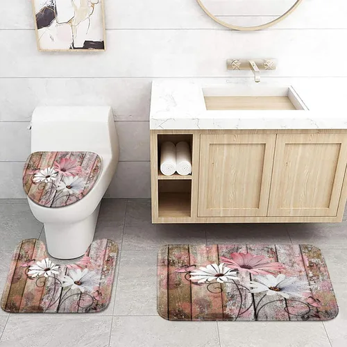 Vista 7 de JAWO Alfombra de baño con flores de granja, dalia en tablones de madera rústica, juego de tapetes de baño con flores azules, en forma de U