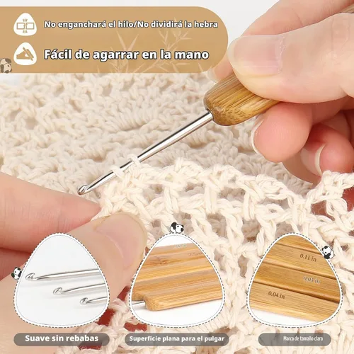 Vista 4 de Katech 10 ganchos de ganchillo ergonómicos para ganchillo, mango de madera de bambú, gancho de ganchillo de tamaño pequeño (0.030-0.118 in), hilo