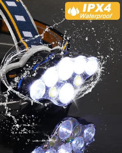 Vista 4 de Linterna frontal recargable, linterna frontal LED de 8 LED 18000 lúmenes 8 modos con luces blancas y rojas cable USB, lámpara de cabeza impermeable