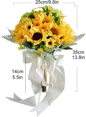 Vista 2 de Ramo de flores artificiales de girasol, ramos de boda románticos de 13.8 pulgadas para novia, dama de honor, ramas de girasol de seda para novia