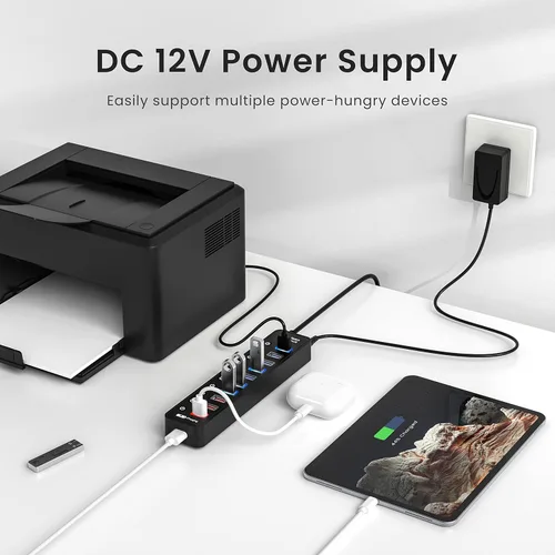 Vista 7 de vantisan Concentrador USB 3.0 alimentado, extensión divisor de concentrador USB de 11 puertos, 7 puertos de datos USB 3.0 + 4 puertos de carga