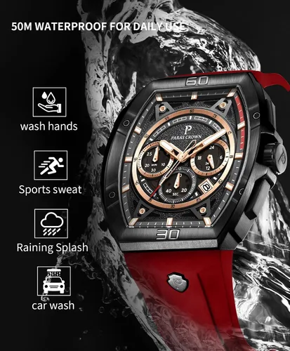 Vista 8 de Paras Crown Relojes para hombre, Tonneau 5ATM, impermeable, de cuarzo, cronógrafo, analógico, de cuarzo, analógico, reloj de pulsera para hombre