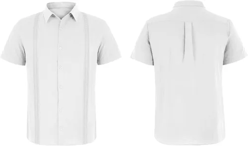 Vista 4 de Hestenve Guayabera - Camisas casuales de lino y algodón con botones de manga corta para hombre, camisa hawaiana cubana de verano, playa, trabajo