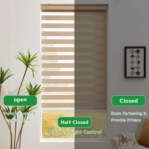 Vista 5 de Persianas opacas de cebra personalizadas sin cordones para ventana, doble capa traslúcidas o control de luz de privacidad, persianas de ventana