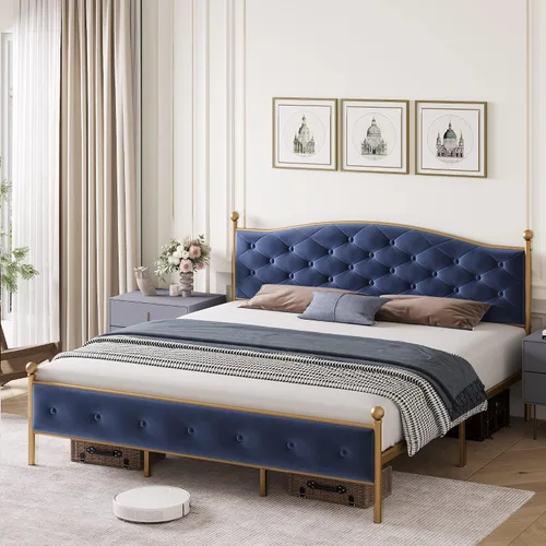 Vista 4 de Base de cama tapizada de tamaño matrimonial con botones y tela de terciopelo, base de colchón resistente con marco de metal y listones de madera