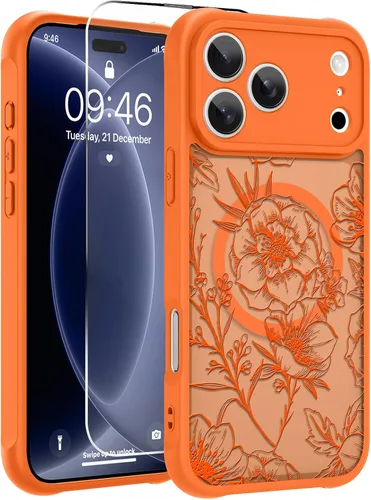 Vista 41 de OOK Funda magnética para iPhone 13 Pro Max [compatible con MagSafe] Funda delgada translúcida mate con flor silvestre negra, protección para lente