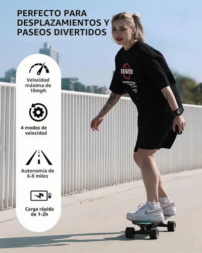 Vista 2 de EBOSSOM Monopatín Eléctrico con Motor de 350W, Eboard de 27" con Control Remoto, 4 Modos Máx 10Mph, Plataforma de 8 Capas, Monopatines Eléctricos