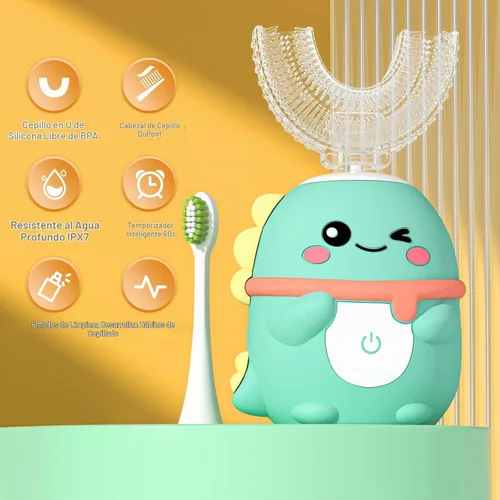 Vista 4 de Cepillo de dientes eléctrico para niños en forma de U, cepillo sónico automático para niños pequeños con 5 cabezales de cepillo, cepillos Dinosaurio