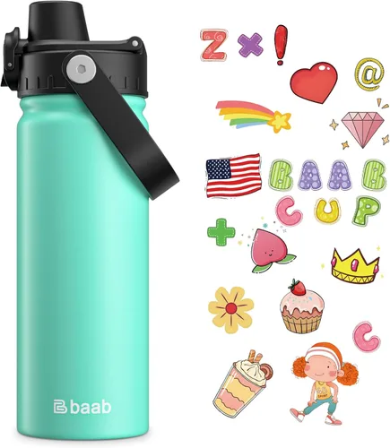 Vista 9 de baab Botella de Agua para Niños de 18 oz, Botella de Agua Aislada para Niños con Tapa de Boquilla Bloqueable y Calcomanías, Taza de Agua para Niños