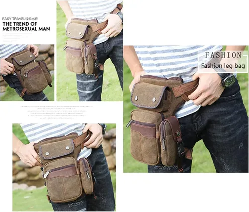 Vista 6 de Riñonera de lona para hombres y mujeres, cangurera táctica militar, bolsa de muslo para senderismo, escalada, ciclismo., Café, Riñonera de pierna