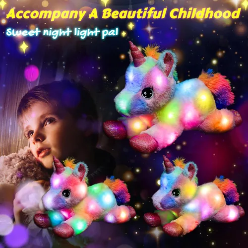 Vista 3 de Easfan Animal de peluche con luces LED de unicornio con luces nocturnas coloridas que brillan en la oscuridad, festival de cumpleaños para niños