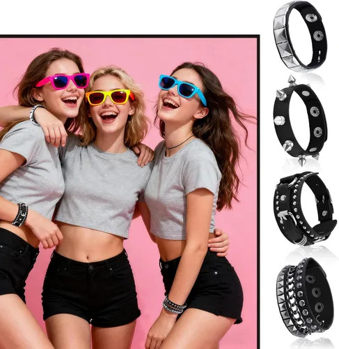 Vista 6 de 4 pulseras de cuero punk rock, accesorios góticos retro vintage para mujeres y hombres, remaches de los años 80, juego de pulseras de metal unisex