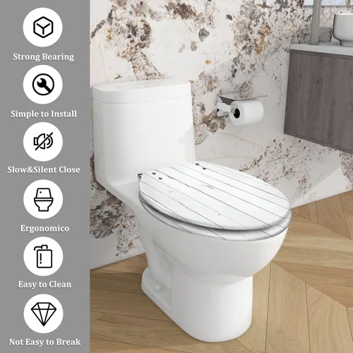 Vista 2 de Asiento de inodoro alargado con textura de tablón de madera blanca envejecida, asiento de inodoro de resina con encanto rústico con bisagras