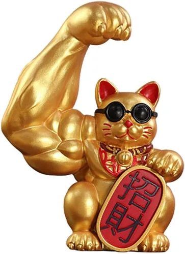 Vista 9 de Fenteer Figura de gato de la suerte con brazo muscular, escultura de gato de la fortuna de resina, 2.76 x 1.57 x 3.94 pulgadas, decoración de Año