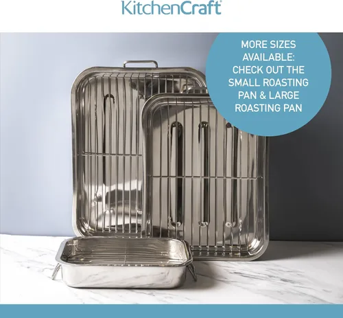 Vista 8 de KitchenCraft Recipiente para asar con estante, acero inoxidable, grande, 16.9 x 12.2 in, color plateado
