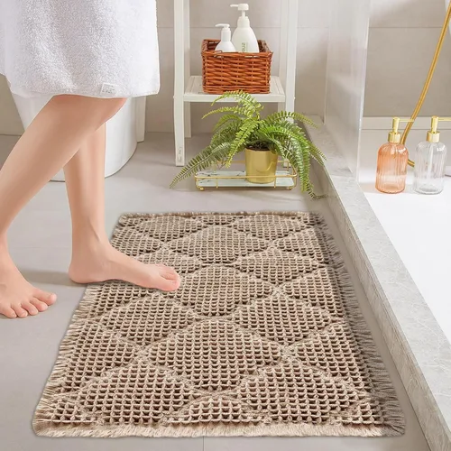 Vista 3 de ZALL Tapete de baño de punto gofre, súper absorbente, antideslizante, color marrón, 17 x 24 pulgadas, patrón geométrico de diamante, lavable a