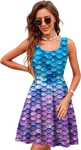 Vista 51 de uideazone - Vestido de mujer sin mangas cuello redondo de verano, para playa, casual, Midi línea A.