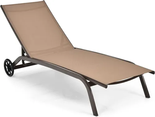 Vista 10 de COSTWAY Tumbona para exteriores con ruedas, silla de bronceado ajustable de 6 posiciones con marco de aluminio estable, silla de descanso portátil